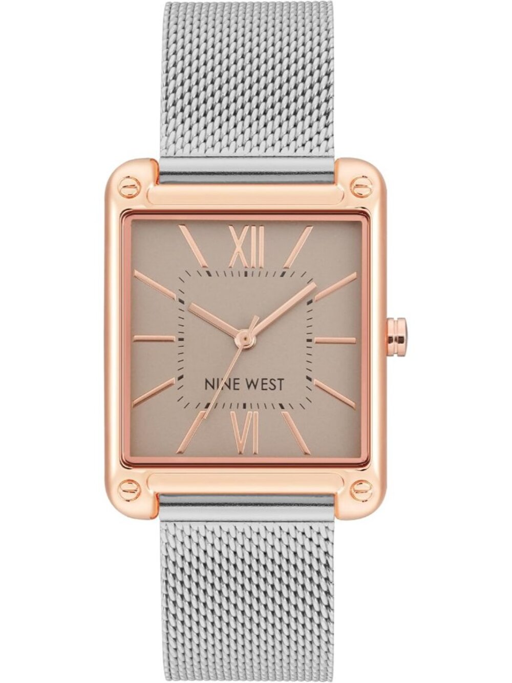 Nine West Women's Silver Rose Gold Analog Quartz Mesh Rectangular Bracelet Watch